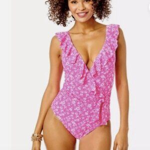 Lilly Pulitzer Delphie  Check You Out One Piece Swimsuit Aura Pink sz 12 NWT